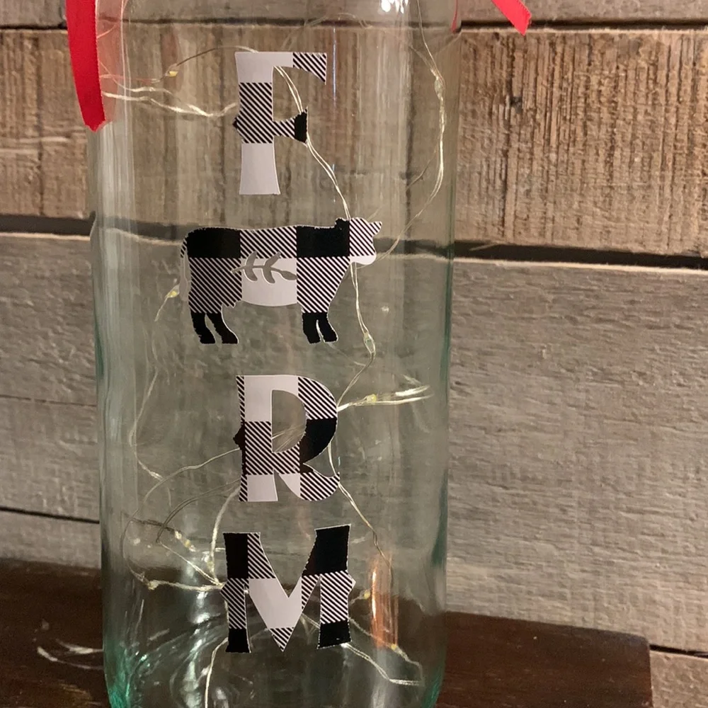 Hand Crafted-buffalo check “farm” large, clear, wine bottle lantern